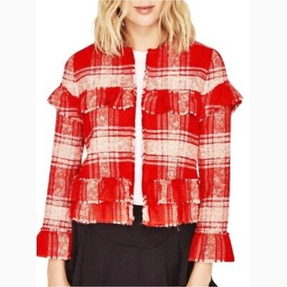 ZARA Boucle Check Plaid Frayed Ruffle Raw-edge Blazer Red White Sz Small